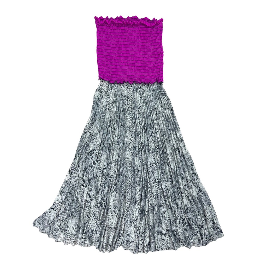 Loyd Ford Strapless Maxi Dress Pink Snakeskin Smocked Pleated M Resortwear Chic